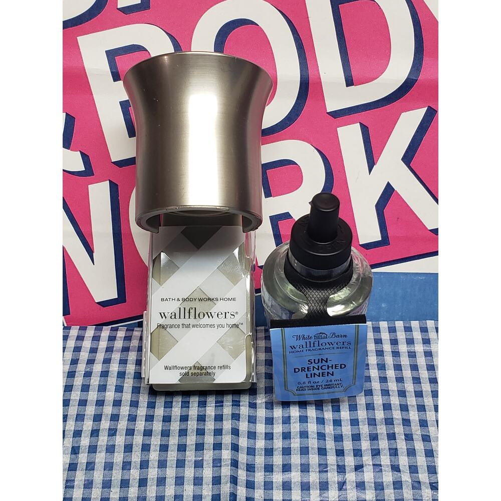 BBW Brushed Bronze Wallflower Plug In with Sun-Drenched Linen Wallflower Refill